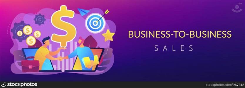 B2B sales person selling products and services to buyer in laptop. Business-to-business sales, B2B sales method, wholesale business trend concept. Header or footer banner template with copy space.. Business-to-business sales concept banner header.