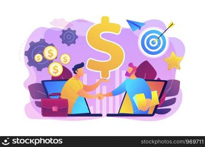 B2B sales person selling products and services to buyer in laptop. Business-to-business sales, B2B sales method, wholesale business trend concept. Bright vibrant violet vector isolated illustration. Business-to-business sales concept vector illustration.