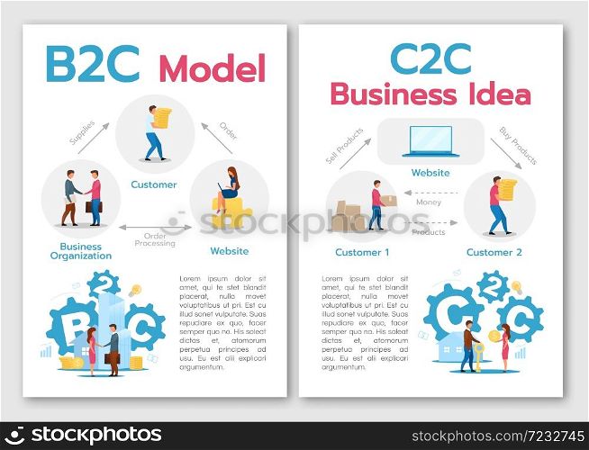 B2C model brochure template. C2C business idea. Online retail. Flyer, booklet, leaflet concept with flat illustrations. Vector page cartoon layout for magazine. advertising invitation with text space. B2C model brochure template