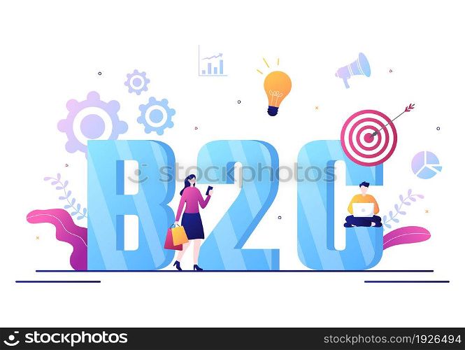 B2C or Business to Consumer Marketing Vector Illustration. Businessmen and Client Set Strategy, Sales, Commerce Reach the Agreed Transaction