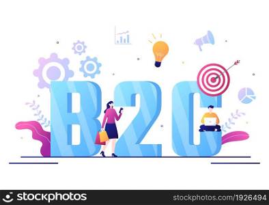 B2C or Business to Consumer Marketing Vector Illustration. Businessmen and Client Set Strategy, Sales, Commerce Reach the Agreed Transaction