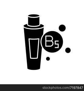 B5 panthenol in tube black glyph icon. Medical ointment. Remedy in package. Moisturizing cosmetic product for hair treatment. Silhouette symbol on white space. Vector isolated illustration