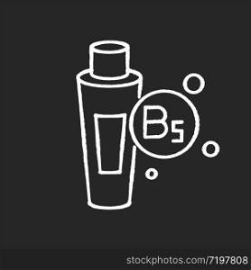 B5 panthenol in tube chalk white icon on black background. Medical ointment. Remedy in package. Moisturizing cosmetic product for hair treatment. Isolated vector chalkboard illustration