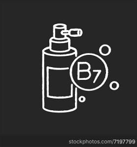 B7 biotin in liquid form chalk white icon on black background. Mist and spray product for haircare. Chemical cosmetic formula for hair treatment. Isolated vector chalkboard illustration