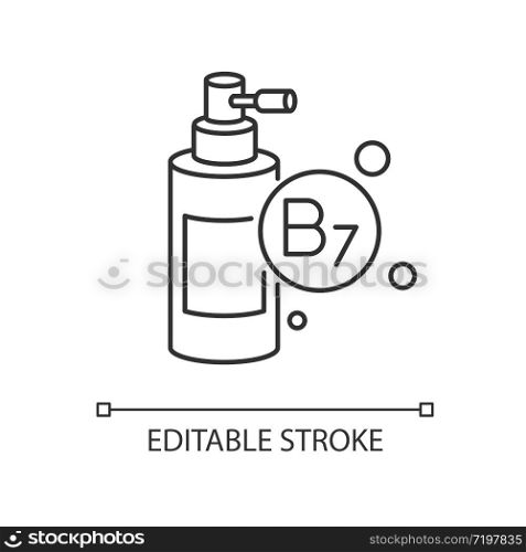 B7 biotin in liquid form pixel perfect linear icon. Mist and spray for haircare. Thin line customizable illustration. Contour symbol. Vector isolated outline drawing. Editable stroke
