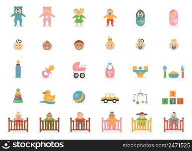 Babe icons for greetings card. Set of web-element children and accessories. Vector illustration