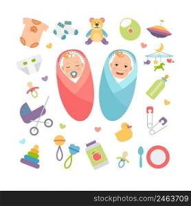 Babies and baby products. Girl and boy, children accessory. Vector illustration. Vector babies and baby products