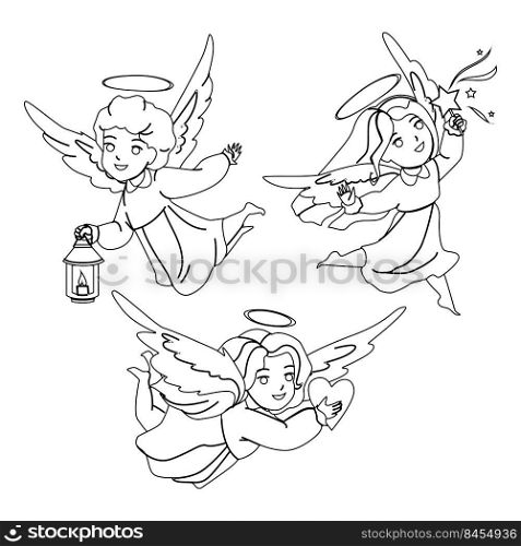 Babies Angel With Wings Flying Together Vector. Boy And Girl Infant Angel With Heart, Magic Stick In Star Shape And Burning Candle Fly Togetherness. Characters Cute Kids black line illustration. Babies Angel With Wings Flying Together Vector