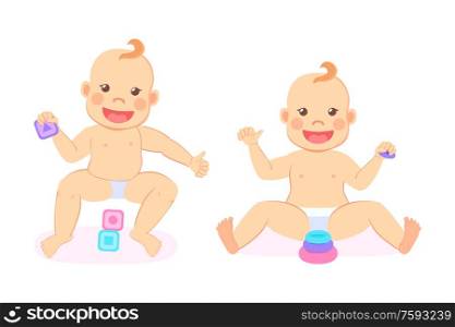 Babies or twins sitting in diaper, portrait view of smiling kids holding toys, newborn flat design style on white, playful infant, laughing children vector. Laughing Twins or Kids, Sitting Newborn Vector