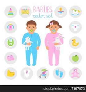 Babies vector set. Little infants boy and girl in cartoon style, happy toddlers with toys, clothes and diapers icons. Baby boy and girl set
