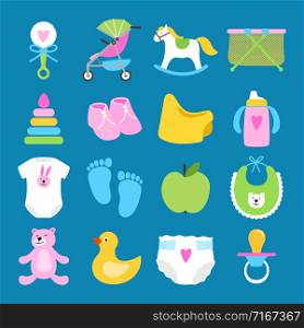 Babies vector set. Toys, clothes and diapers icons. Toddler and newborn toy, teddy bear and pacifier illustration. Babies vector set. Toys, clothes and diapers icons