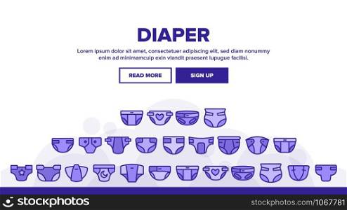 Baby Absorbent Diapers Landing Web Page Header Banner Template Vector. Newborn Diaper, Disposable Nappies. Childcare, Infant Necessities. Children Hygiene Product Illustration. Baby Absorbent Diapers Landing Header Vector