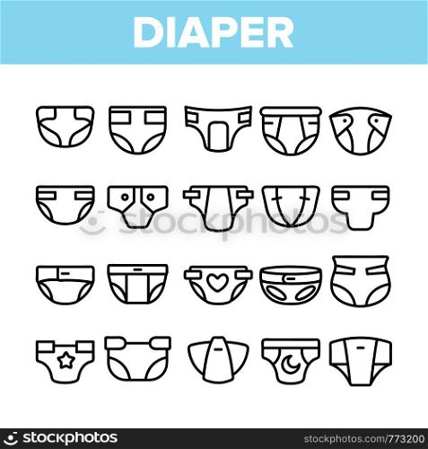 Baby Absorbent Diapers Vector Linear Icons Set. Newborn Diaper, Disposable Nappies Outline Symbols Pack. Childcare, Infant Necessities. Children Hygiene Product Isolated Contour Illustrations. Baby Absorbent Diapers Vector Linear Icons Set