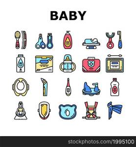 Baby Accessories And Equipment Icons Set Vector. Baby Lotion And Powder Cosmetics, Nail Clippers And Thermometer, First Aid Kit And Weight Scale, Cotton Swabs And Snot Sucker Line. Color Illustrations. Baby Accessories And Equipment Icons Set Vector