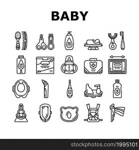 Baby Accessories And Equipment Icons Set Vector. Baby Lotion And Powder Cosmetics, Nail Clippers And Thermometer, First Aid Kit And Weight Scale, Cotton Swabs Snot Sucker Black Contour Illustrations. Baby Accessories And Equipment Icons Set Vector