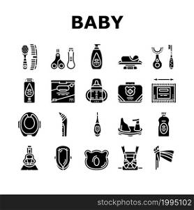 Baby Accessories And Equipment Icons Set Vector. Baby Lotion And Powder Cosmetics, Nail Clippers And Thermometer, First Aid Kit And Weight Scale, Cotton Swabs Glyph Pictograms Black Illustrations. Baby Accessories And Equipment Icons Set Vector