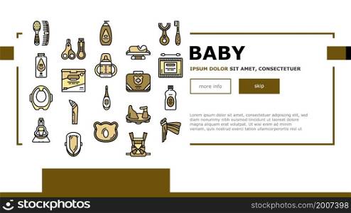 Baby Accessories And Equipment Landing Web Page Header Banner Template Vector. Baby Lotion And Powder Cosmetics, Nail Clippers And Thermometer, First Kit And Weight Scale, Cotton Swabs Illustration. Baby Accessories And Equipment Landing Header Vector