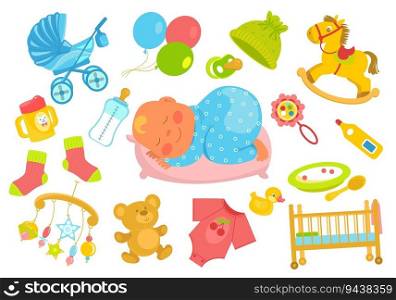 Baby accessories. Cute sleeping newborn. Different care supplies. Milk bottle. Bed and stroller. Childish feeding. Funny toddler products. Toys and romper jumpsuit. Plush bear. Splendid vector set. Baby accessories. Sleeping newborn. Different care supplies. Milk bottle. Bed and stroller. Childish feeding. Funny toddler products. Toys and romper. Plush bear. Splendid vector set