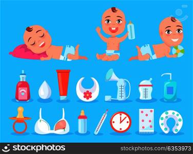 Baby activities, and objects for kids care, sleeping and playing child, tubes and containers, hygiene and products for children, vector illustration. Baby and Objects for Kid Care Vector Illustration