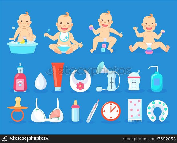 Baby activities set vector, child sitting by water with soap and duck toy, thermometer and dummy. Special bra for mother, bottle with milk and lotions. Baby Sitting Playing with Toys Cubes Childcare