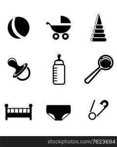 Baby and childish icons with a pram, ball, bottle, dummy or pacifier, crib, nappy, safety pin and toys in a black and white