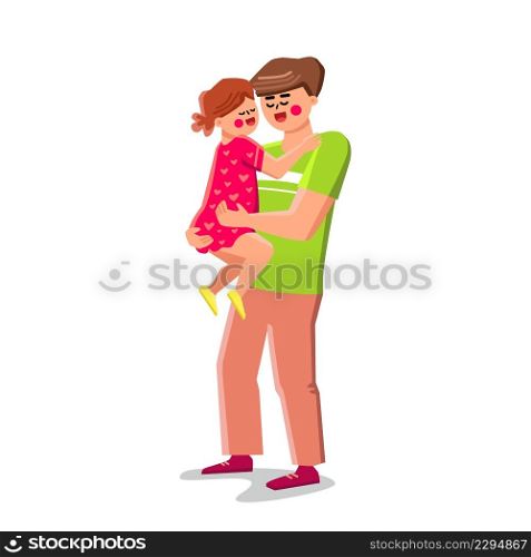Baby And Father Embracing Togetherness Vector. Happy Smiling Girl Daughter Baby And Father Hugging And Playing Together. Characters Funny Recreational Time Flat Cartoon Illustration. Baby And Father Embracing Togetherness Vector