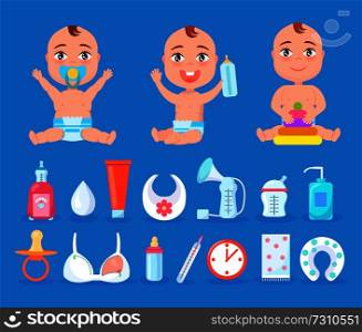 Baby and items for care, collection consisting of bottles and tubes, bra for mothers, bib, blanket and soother objects isolated on vector illustration. Baby and Items for Care Set Vector Illustration