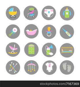 Baby and kids accessorises icons vector set. Illustration of baby accessory, bottle milk and pacifier. Baby and kids accessorises icons vector set