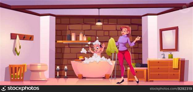Baby and mom in bathroom wash hair with shampoo vector illustration. Kid character in bath with soap bubble and foam. Young mother waiting happy toddler son with towel near brick wall and mirror.. Baby and mom in bathroom wash hair with shampoo