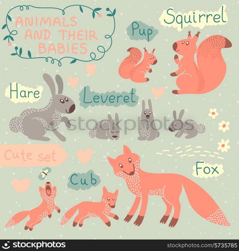 Baby and Mommy Animal Set - for design and scrapbook. Vector illustration.