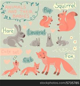 Baby and Mommy Animal Set - for design and scrapbook. Vector illustration.