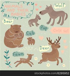 Baby and Mommy Animal Set - for design and scrapbook. Vector illustration.