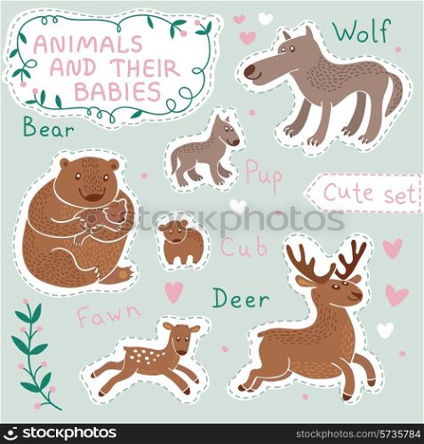 Baby and Mommy Animal Set on paper tags - for design and scrapbook. Vector illustration.