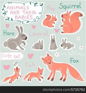 Baby and Mommy Animal Set on paper tags - for design and scrapbook. Vector illustration.