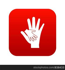 Baby and mother hand icon digital red for any design isolated on white vector illustration. Baby and mother hand icon digital red
