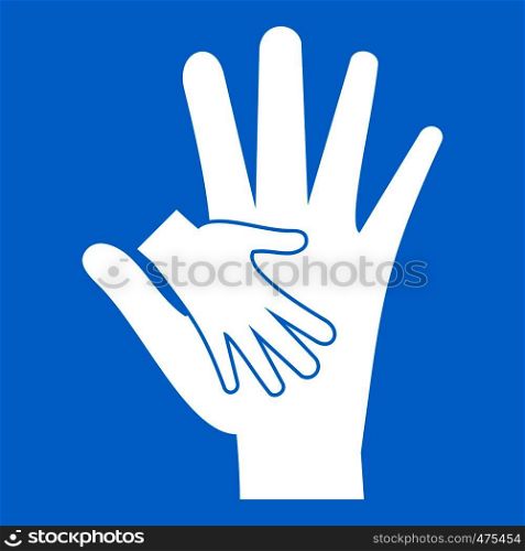 Baby and mother hand icon white isolated on blue background vector illustration. Baby and mother hand icon white