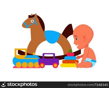 Baby and toys variety, poster with toddler, wearing diaper, and sitting calmly, with horse, car and cones, vector illustration, isolated on white. Baby and Toys Variety Poster Vector Illustration
