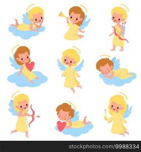 Baby angels. Funny kids cupids with wings characters, boys and girls with romantic arrows, trumpet and bows, blonde heaven angelic children on clouds different poses. Vector cute cartoon isolated set. Baby angels. Funny kids cupids with wings characters, boys and girls with romantic arrows, trumpet and bows, blonde heaven angelic children on clouds. Vector cute cartoon isolated set