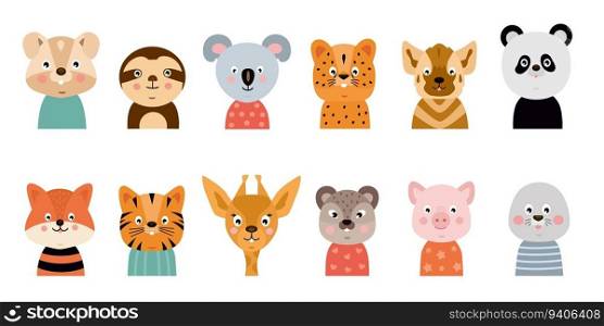 Baby animal faces, cute characters heads, baby shower collection forest wildlife child card, simple zoo birthday party decor. Funny sloth, koala and tiger. Kids print and nursery. Vector cartoon icons. Baby animal faces, cute characters heads, baby shower, forest wildlife child card, simple zoo birthday party decor. Funny sloth, koala and tiger. Kids print and nursery. Vector cartoon icons
