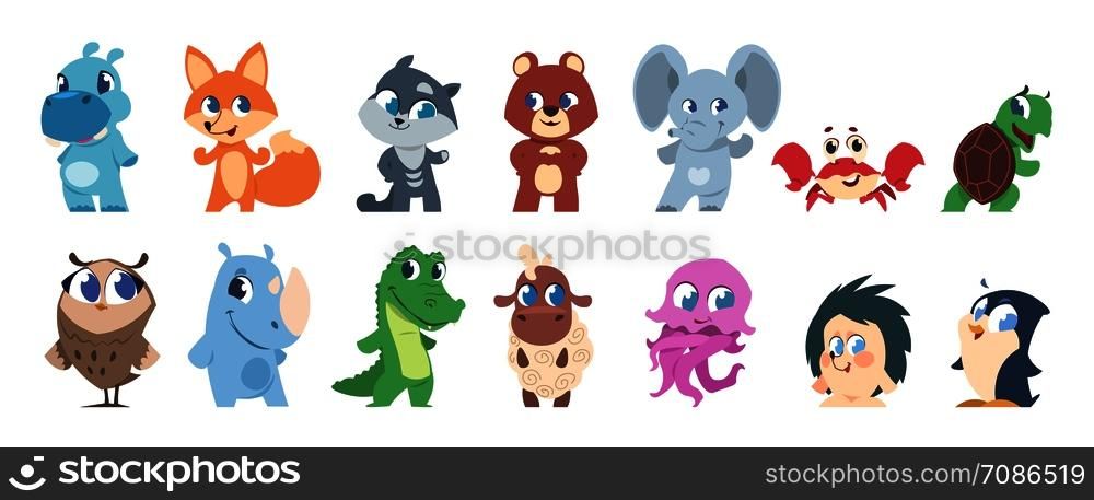 Baby animals. Cute cartoon characters, little funny wild and domestic animal children. Vector cartoons funny pets and forest fauna isolated set. Baby animals. Cute cartoon characters, little funny wild and domestic animal children. Vector pets and forest fauna isolated set