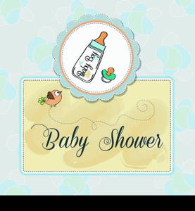 baby announcement card with milk bottle and pacifier