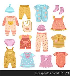 Baby apparel. Flat girl shirt, socks and clothes set for children. Boys cloth, fashion fabric dress, jumpsuit and pants exact vector collection. Clothes pajamas, garment stylish for baby illustration. Baby apparel. Flat girl shirt, socks and clothes set for children. Boys cloth, fashion fabric dress, jumpsuit and pants exact vector collection