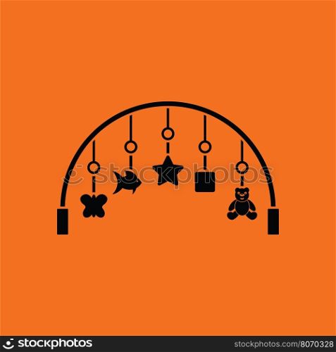 Baby arc with hanged toys icon. Orange background with black. Vector illustration.