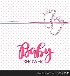 Baby arrival card with small foot print. Design template for greeting card, baby shower invitation, banner. Congratulations to the newborn girl. Vector illustration in flat style.. Bright baby girl arrival card shower invitation