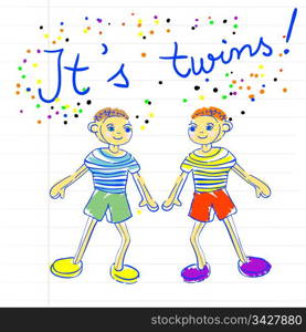 baby arrival childlike marker drawing of two little boys on a piece of paper. It&rsquo;s twins