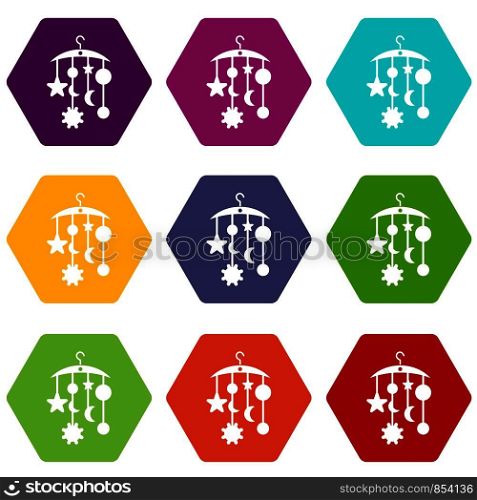 Baby bed carousel icon set many color hexahedron isolated on white vector illustration. Baby bed carousel icon set color hexahedron