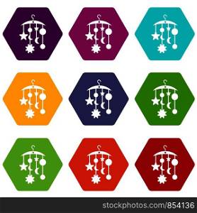 Baby bed carousel icon set many color hexahedron isolated on white vector illustration. Baby bed carousel icon set color hexahedron