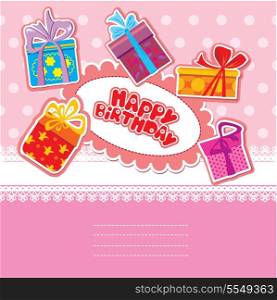 baby birthday card with gift boxes