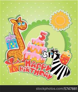 Baby birthday card with girafe and zebra, big cake and gift boxes. Five years anniversary
