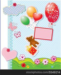 baby birthday card with teddy bear and gift box flying with balloons